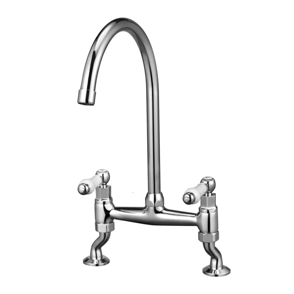 Peppermint Traditional Kitchen Sink Bridge Mixer Tap Dual Ceramic White Handle Monobloc Bar Kitchen Tap 2 Hole With Swivel Spout 5051226965838