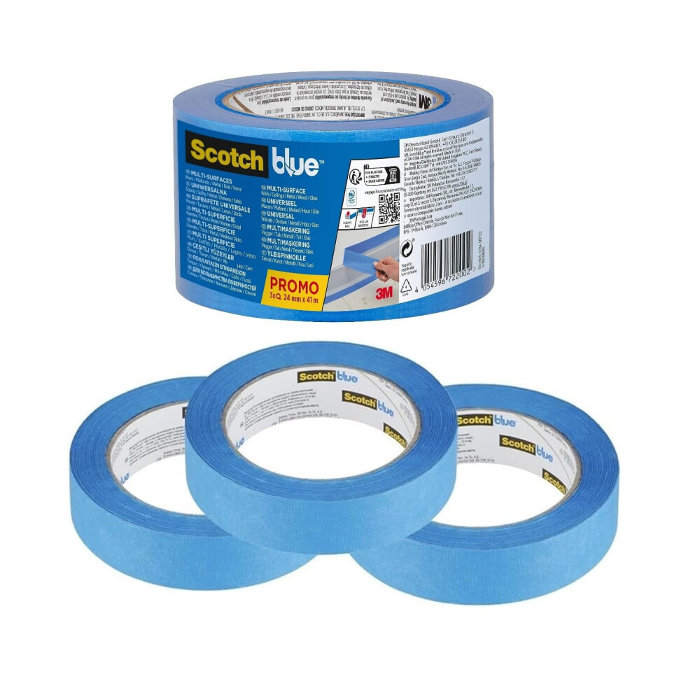 Scotchblue Multi-Surface Premium Masking Tape, Pack Of 3, 24 Mm X 41 M, Scotch Adhesive Blue Painters Tape, For Painting And Decorating 5051226968969