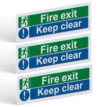 3 Pack Fire Exit Keep Clear Sign 300mm x 100mm, Self-Adhesive Vinyl Safety Sticker for Doors and Walls, Waterproof UV Resistant, Indoor Outdoor Use