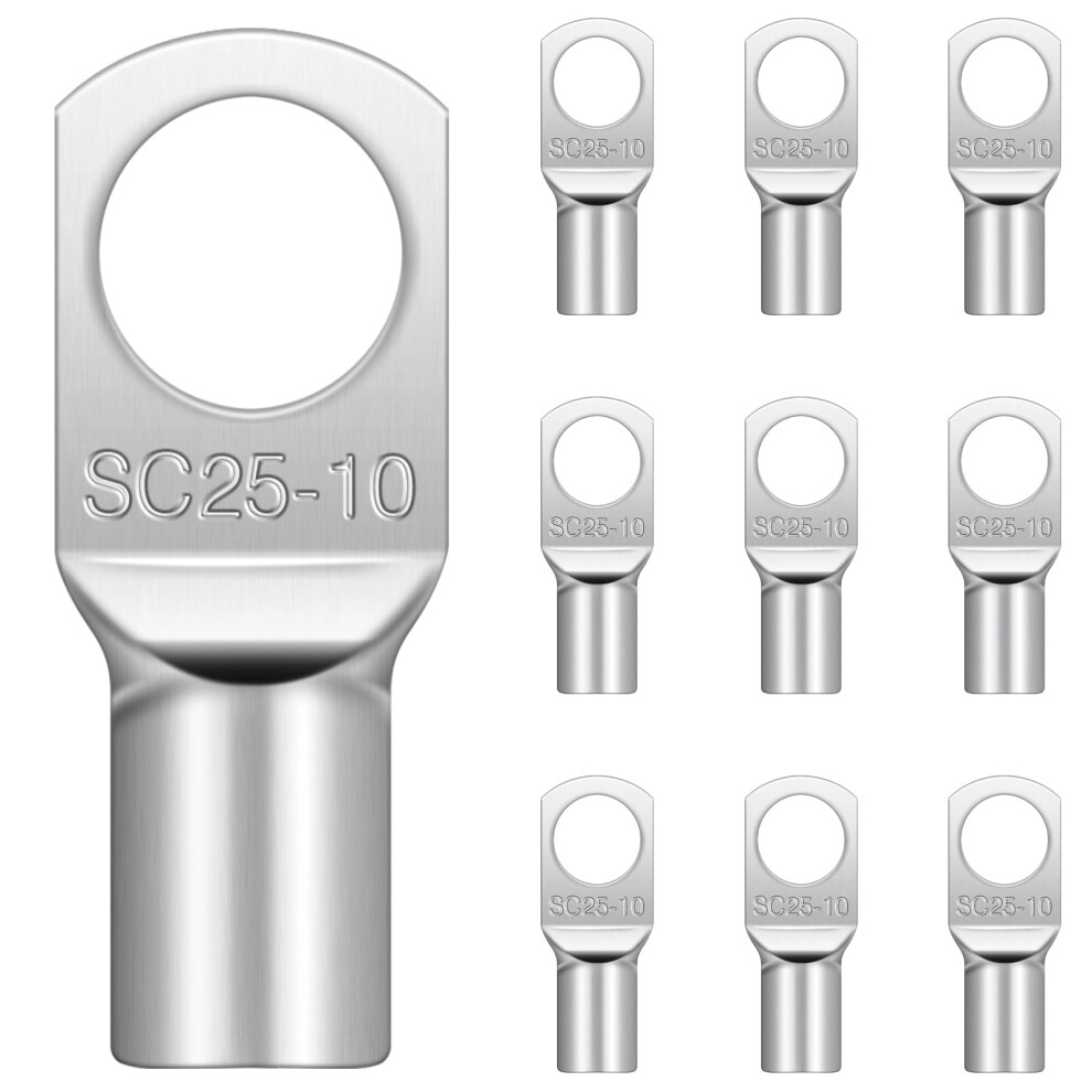 10 Pcs Cable Lugs M10, Hanibos Sc25-10 Copper Tube Battery Cable Ends Lugs Battery Terminals Connectors Tinned Copper Crimp Lugs 5051226925153