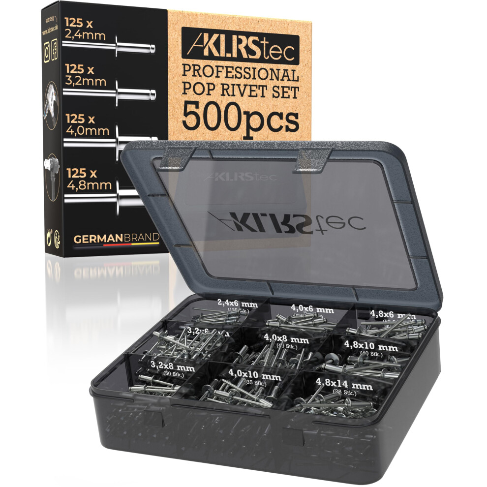 Klrstec Pop Rivets Assortment Kit 500 Pieces Aluminium Rivets For Rivet Guns 125 Pieces Each Size 2.4 Mm 3.2 Mm 4.0 Mm 4.8 Mm 5051226927720