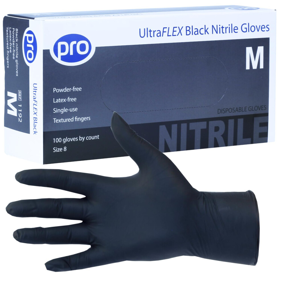 Pro Ultraflex Black Disposable Gloves - Black Nitrile Gloves Disposable Medium - 100X Pack - Powder-Free - Latex Free - Ideal Nail Tech Supplies 5051226982996