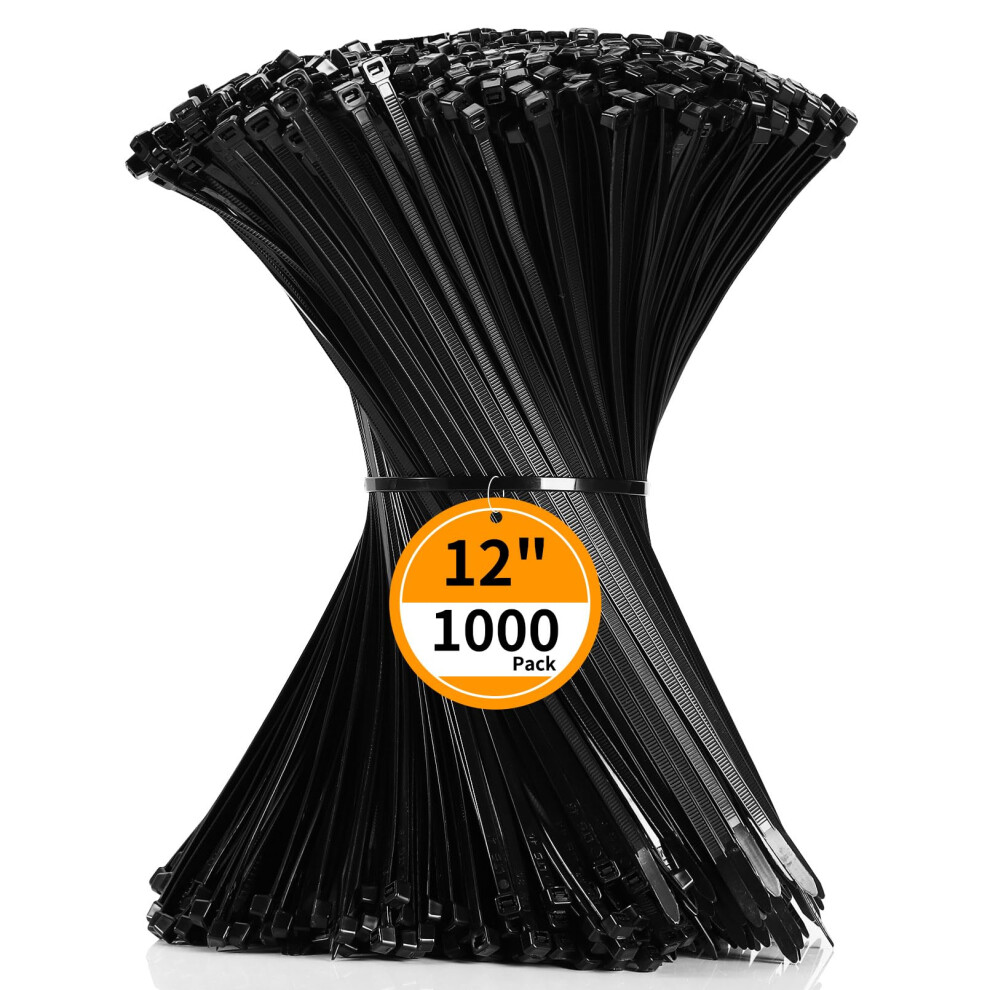Cable Zip Ties 12 Inch Cehony 1000 Pack Black Cable Ties 300Mm X 4.5Mm Heavy Duty 50Lbs Tensile Strength Nylon Plastic Zip Ties For Outdoor 5051226986833