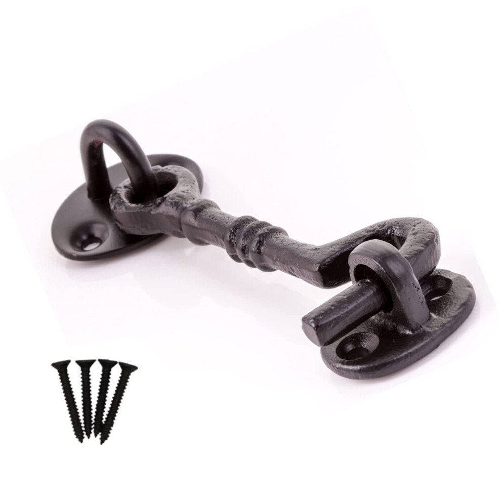 Black Cabin Hook 4-Inch Traditional Cast Iron Fancy Cabin Hook & Eye Silent Catch Door Latch Holder With Screws Silent Cabin Hook For Shed Gate Catch 5051226981210