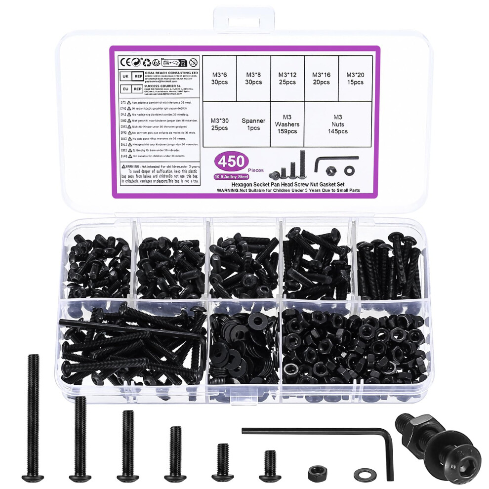 450 Pcs M3 Bolts And Nuts Set, M3 Nuts And Bolts Set, Round Head Hexagon Socket Screws And Washers 5051226984914