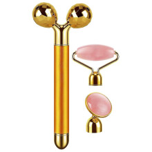 (Gold) 3-in-1 Electric Jade Roller 3d Roller Facial Roller & Face Massager, Rose Quartz