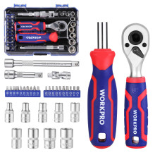 WORKPRO 34-Piece 1/4" Socket Set, Ratchet & Bit Socket Set, Wrench Set with Extension Bar for DIY, Car Repair, and Daily Maintenance