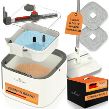 Spin Mop and Bucket Set – Gen 2 – 360 Self-Wring Flat Mop with Dual Chamber, Removable Tank, Advanced Power, 2 Reusable Microfibre Pads, White