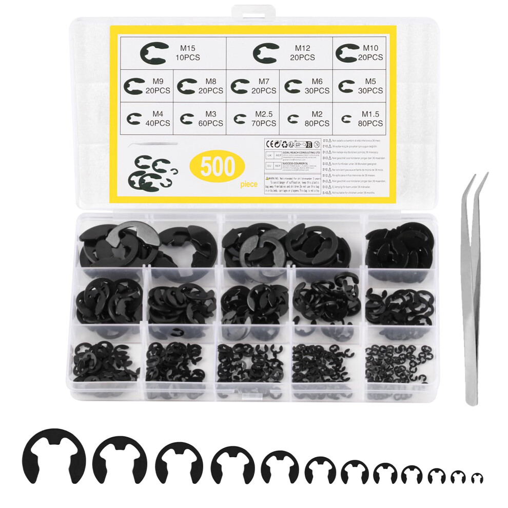 500 Pcs Circlips Assorted Sizes, E Clips, E-Clips Circlip External Retaining Rings Assortment Set, Snap Opening Ring Circlips Kit, C-Clips, M1.2-M15 5051226911279