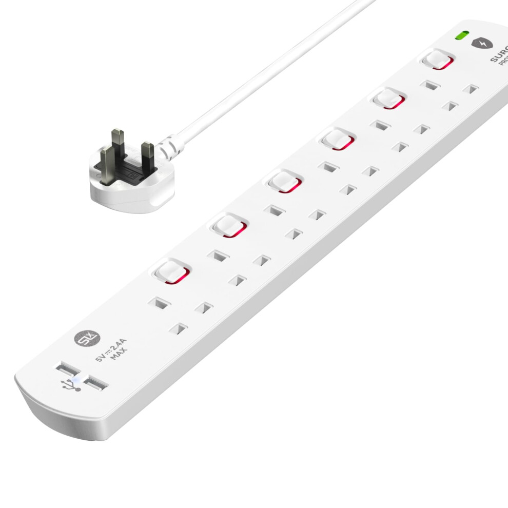 Slx Extension Lead 2M 6 Way Gang Switched Surge Protected Power Strip With 2 Usb A Ports & Led Indicator 13A Uk Plug & 3 Pin Sockets Wall Mountable 5051226986338