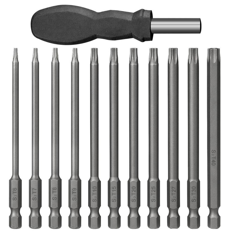 12Pcs Screwdriver Bit Sets, 100Mm Torx Screwdriver Set, T6-T40 S2 Steel Long Hex Shank Bits, 1/4 Inch Torx Bit Set 5051226942945