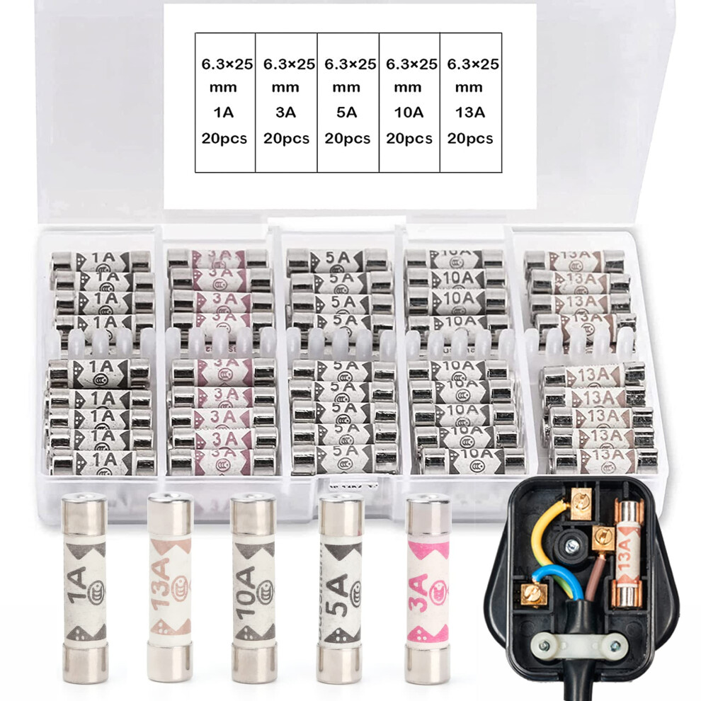 100Pcs Ceramic Tube Fuses Household Set With 1A 3A 5A 10A 13A Amp 240 Volt Fuses Assorted Suitable For Uk Domestic Electrical Home Mains Plugs 5051226957321