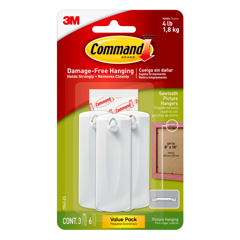 Command Wire-Back Sawtooth Frame Hangers, Holds Up To 5 Lbs, 3 Singulars Hangers, 6 Strips, Decorate Damage-Free 5051226980107