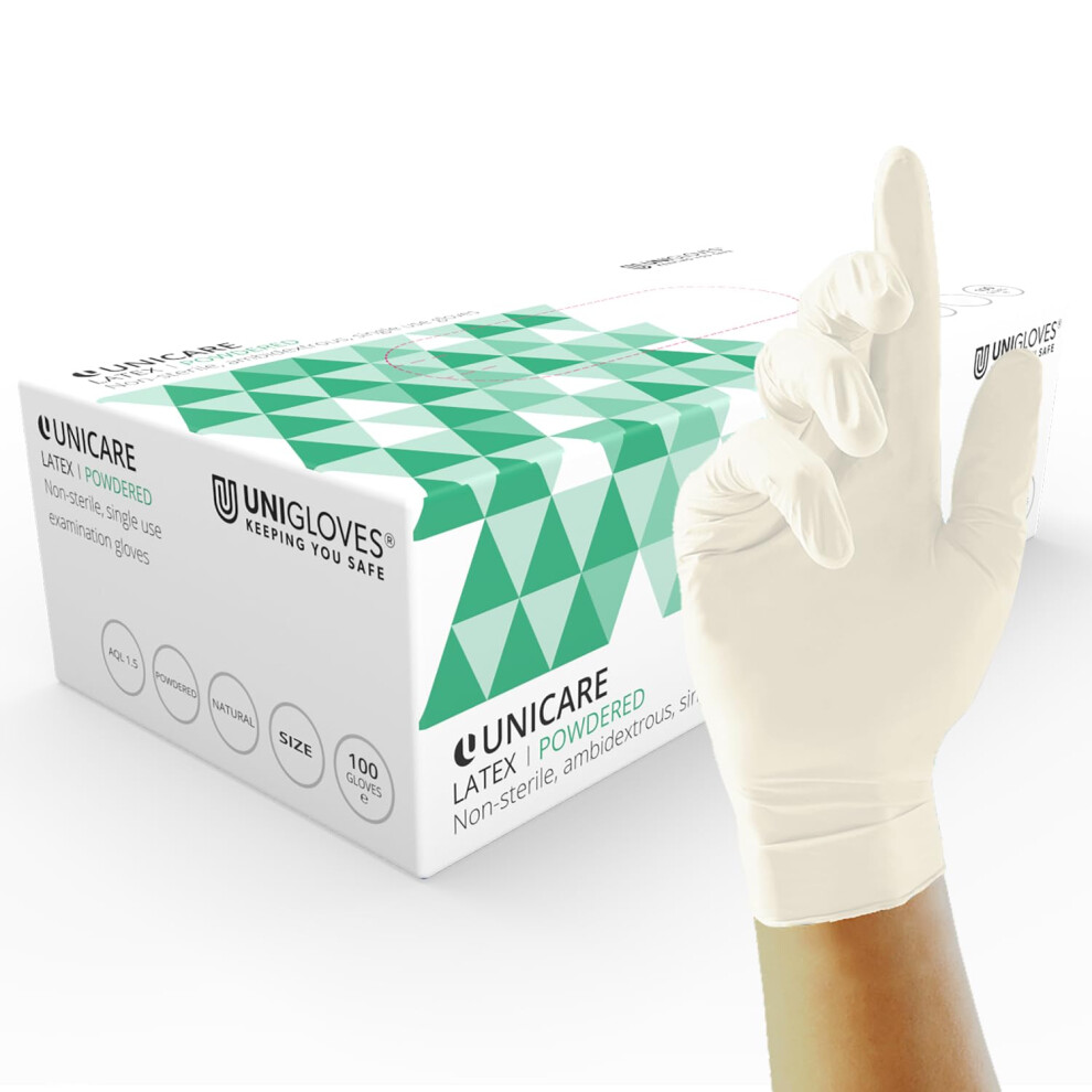 Unigloves Unicare Latex Disposable Gloves - Multipurpose, Lightly Powdered, Examination Gloves - Box Of 100 Gloves, Natural, Medium (Gs0023) 5051226983580