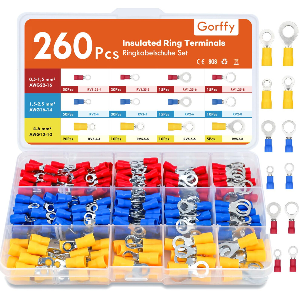 Gorffy Ring Terminals, 260Pcs Electrical Crimp Connectors, Awg22-10 Crimp Terminals, Insulated Wiring Connectors 5051226984600