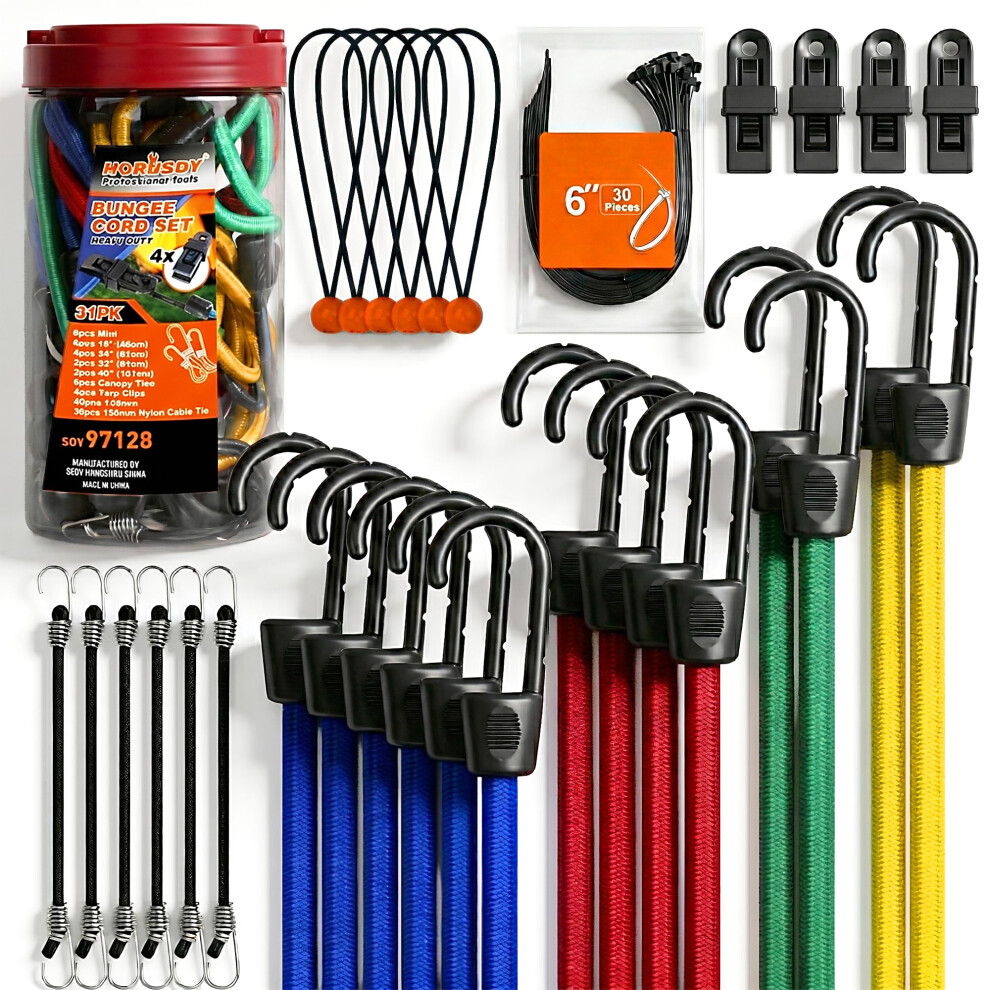 Horusdy 31-Piece Premium Bungee Cords Assortment Jar,Includes 10Â,18Â,24Â,32Â,40Â Bungee Cords, 6Â Zip Ties, 8ÂCanopy/Tarp Ball Ties And 5009972664604