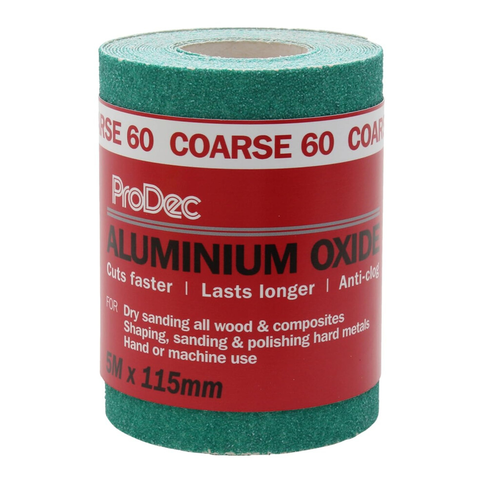 Prodec 5M Roll 60 Grit Coarse Grade Green Aluminium Oxide Abrasive Sanding Paper For Sanding Wood, Paint, Plaster, Filler, Metal And More, 115Mm Wide 9365321733701