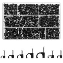 KOXXIAMOQ 700 Round/Flat Cable Clips Black, Cable Wire Nail Clips, Electrical Wall Pins Clip with Steel Nail Tacks, Cables Tidy Clip for Ethernet