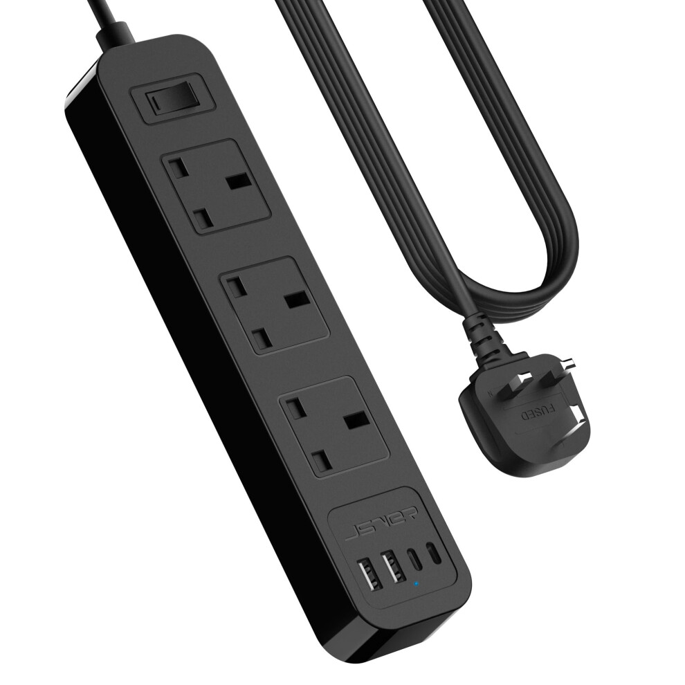 Jsver Extension Lead With Usb C Slots, Desktop Power Strip 3M Cord With 3 Way Outlets And Usb C Fast Charger(5V 3.4A) 5051226997563