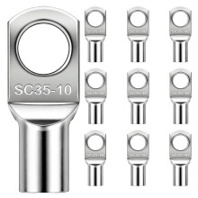 10PCS Copper Wire Lugs SC35-10, Tinned Copper Battery SC Ring Terminals Connectors 35mm M10 Bolt Hole Crimp Battery Cable Ends Eyelets Lugs for