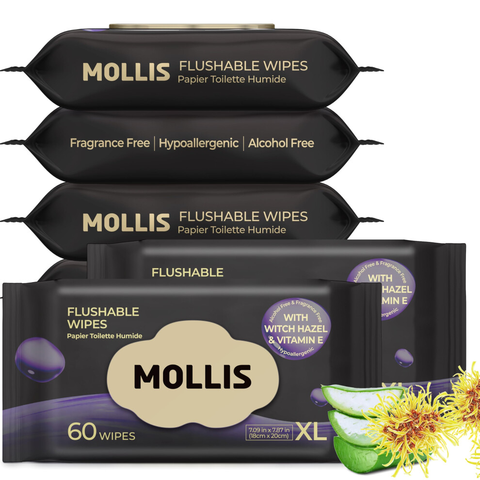 Mollis Moist Toilet Tissue Fragrance-Free, Witch Hazel Wipes For Adults, Extra Large Flushable Wet Wipes, Intimate & Body Care With Aloe Vera, Soft C