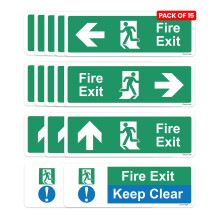 RDLCAR Safety Fire Exit Arrow Signs Pack of 15 Includes Left Right Up Arrows and Fire Exit Keep Clear Signs Self Adhesive 300mm x 100mm Door Mount Si