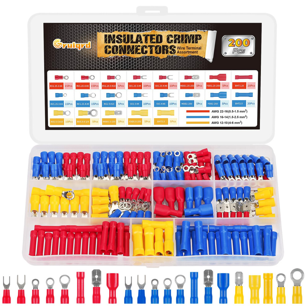 Gruiqrd 200Pcs Electrical Connectors Insulated Crimp Terminal Wiring Crimping Ring Fork Female Male Terminals Butt Splice Electric Wire Cable 5051226982668