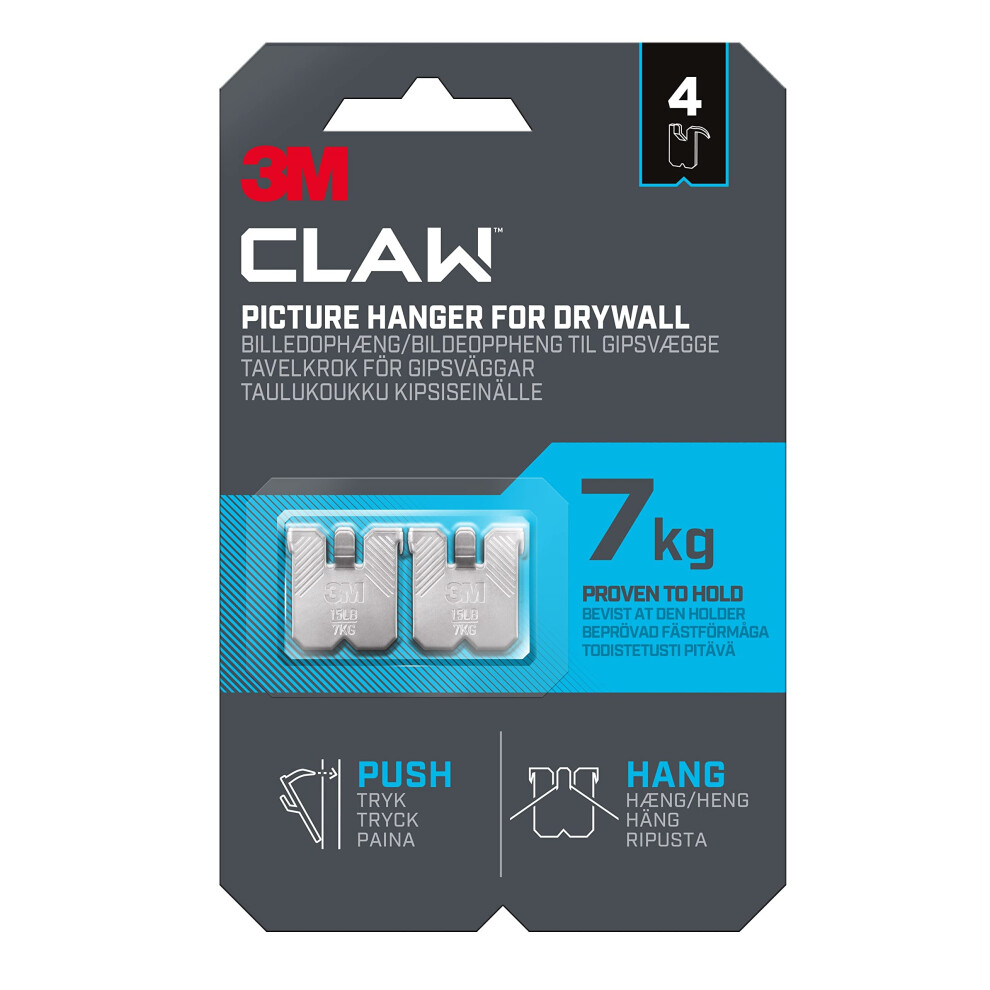 3M Claw Plasterboard Picture Hanging Wall Hooks For Hanging Home Dã©Cor, 4 Hangers, Holds Up To 7 Kg - Ideal For Heavyweight Items 5002109814149