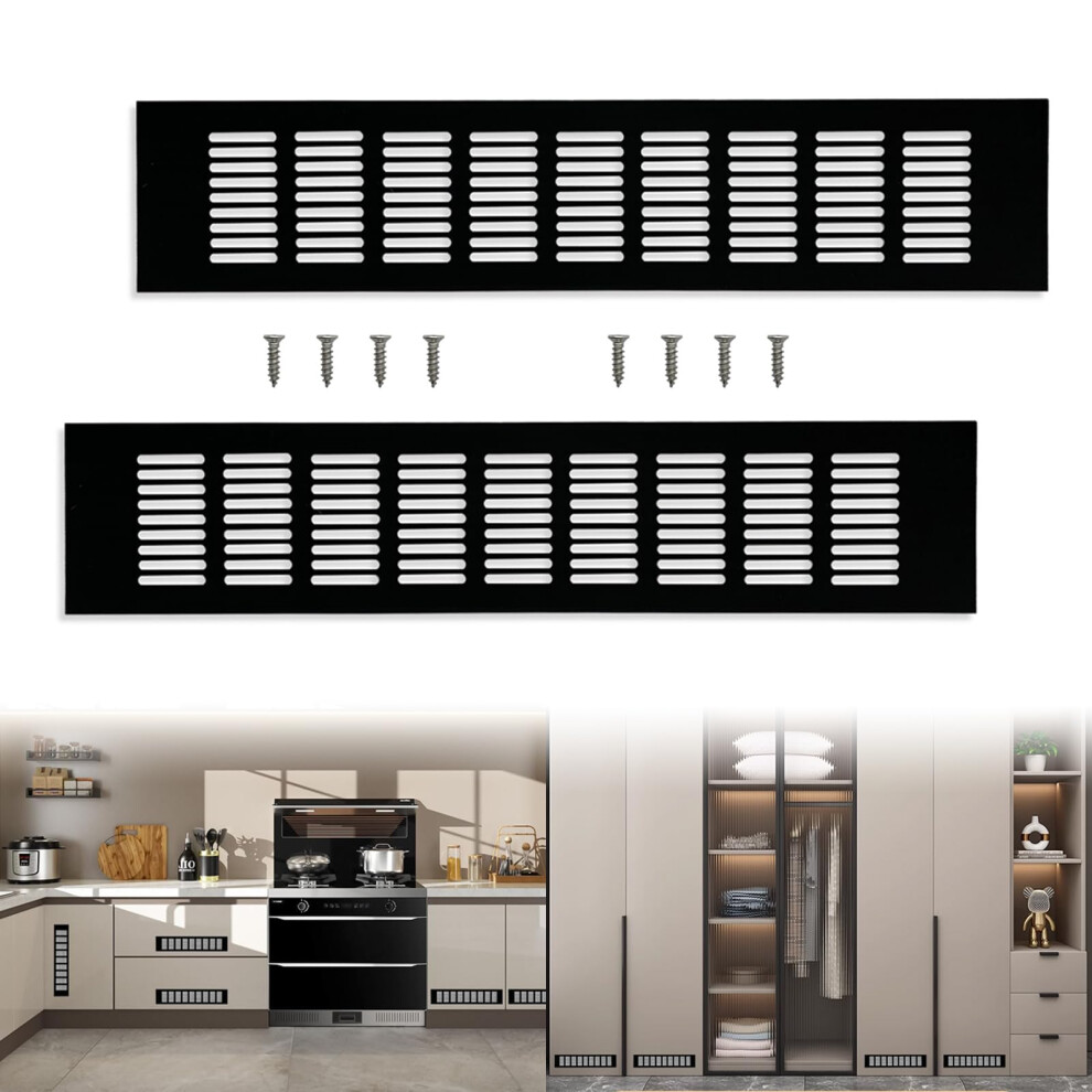2Pcs Black 80Mm X 400Mm Aluminum Alloy Kitchen Air Vent Grille Cover Cupboard Vents Fridge Vent Louvred Wall Vent Grille Wardrobe Vents With Screw 5051226971921