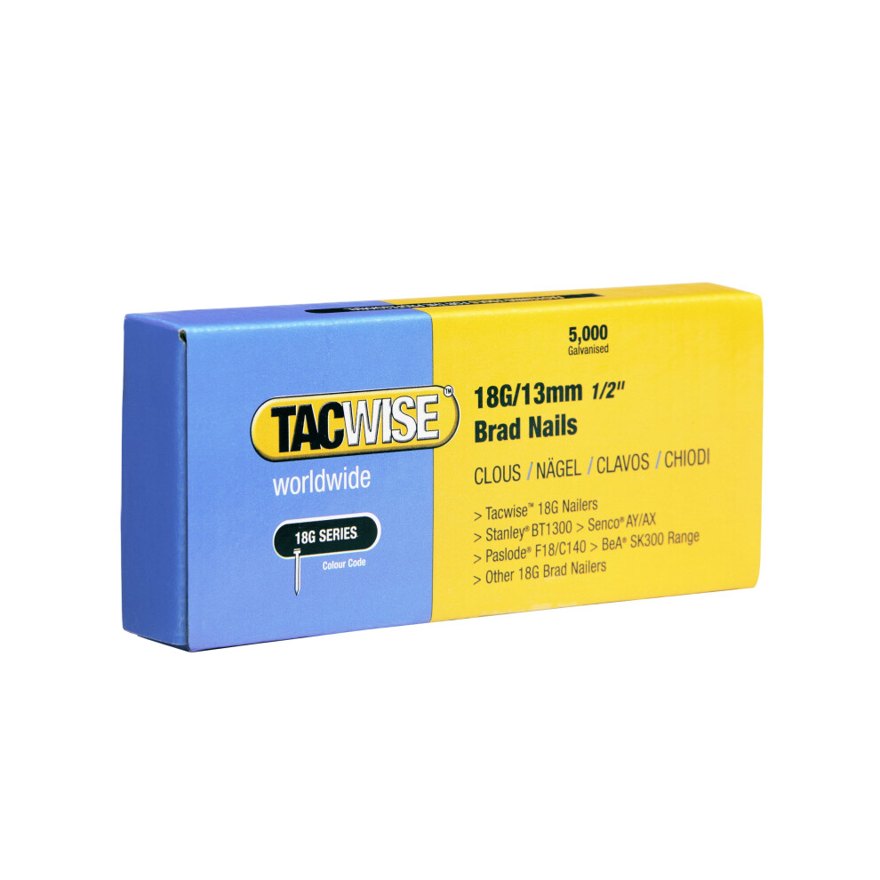Tacwise 0393 Type 18G / 13 Mm Galvanised Brad Nails, Pack Of 5,000, Silver 5001700042821