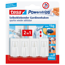 tesa Powerstrips Curtain Hooks - Self-Adhesive Curtain Hooks - Removable and Reusable - Up to 1 kg Load - 1 x 4 Pieces - White