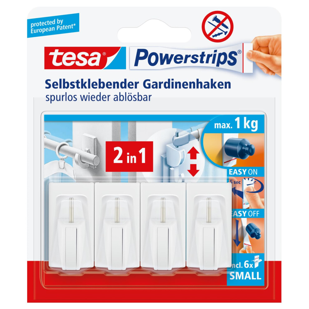 Tesa Powerstrips Curtain Hooks - Self-Adhesive Curtain Hooks - Removable And Reusable - Up To 1 Kg Load - 1 X 4 Pieces - White 5051226949364