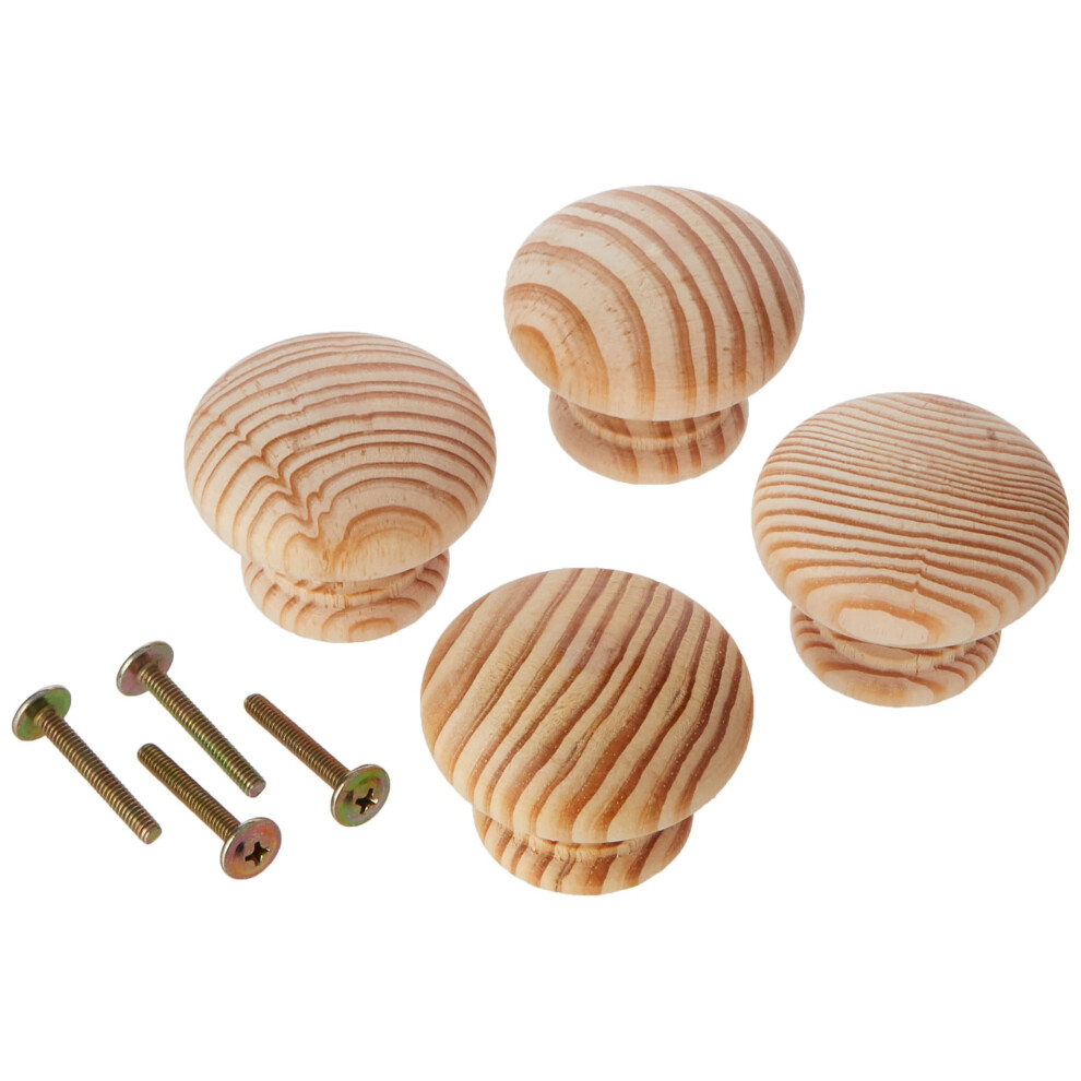Merriway Bh01267 (4 Pcs) Unlacquered Pine Cupboard Cabinet Door Knob, 50Mm (2 Inch) With Bolt & Insert - Pack Of 4 Pieces, Brown 5051226937323