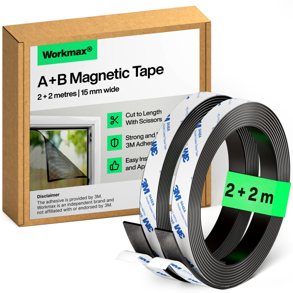 Workmax A+B Magnetic Tape For Fly Screens And Mosquito Nets (2+2 M) | Cut To Fit Magnetic Strip | Magnetic Strips Self-Adhesive | Magnetic Tape Roll 5003168286472