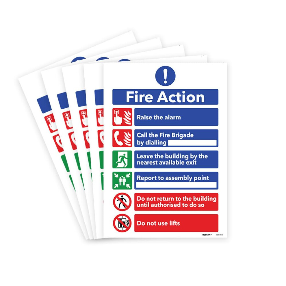 Rdlcar Fire Action Notice Signs 1Mm Rigid Plastic Pack Of 5 Essential Fire Safety Signage For Businesses And Public Spaces 200Mm X 300Mm Weatherproof 5051226947889