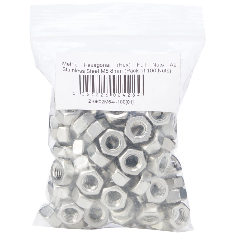 Ahcmetric Hexagonal (Hex) Full Nuts A2 Stainless Steel M8 8Mm (Pack Of 100 Nuts) 5051226947261