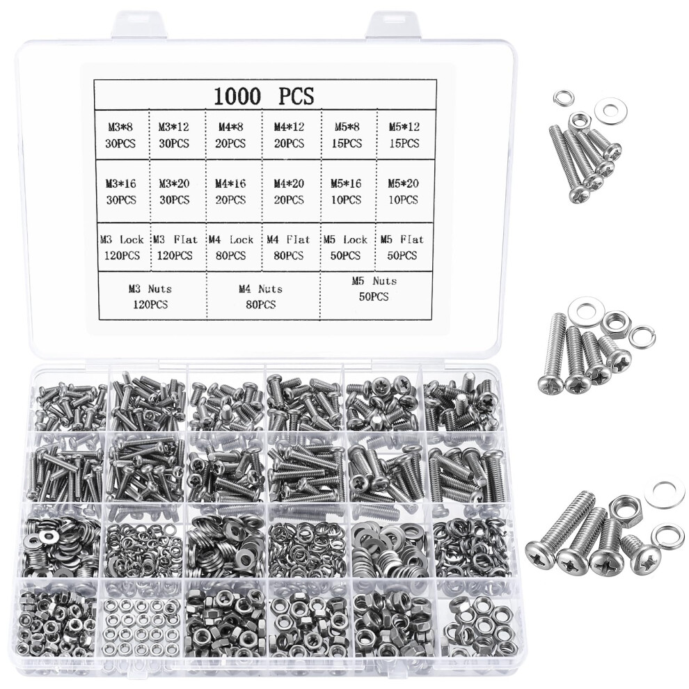 1000 Pcs M3 M4 M5 Bolts Set, Nuts And Bolts Assortment Set, Cross Round Head Screws And Nuts And Washers Set 5051226950698