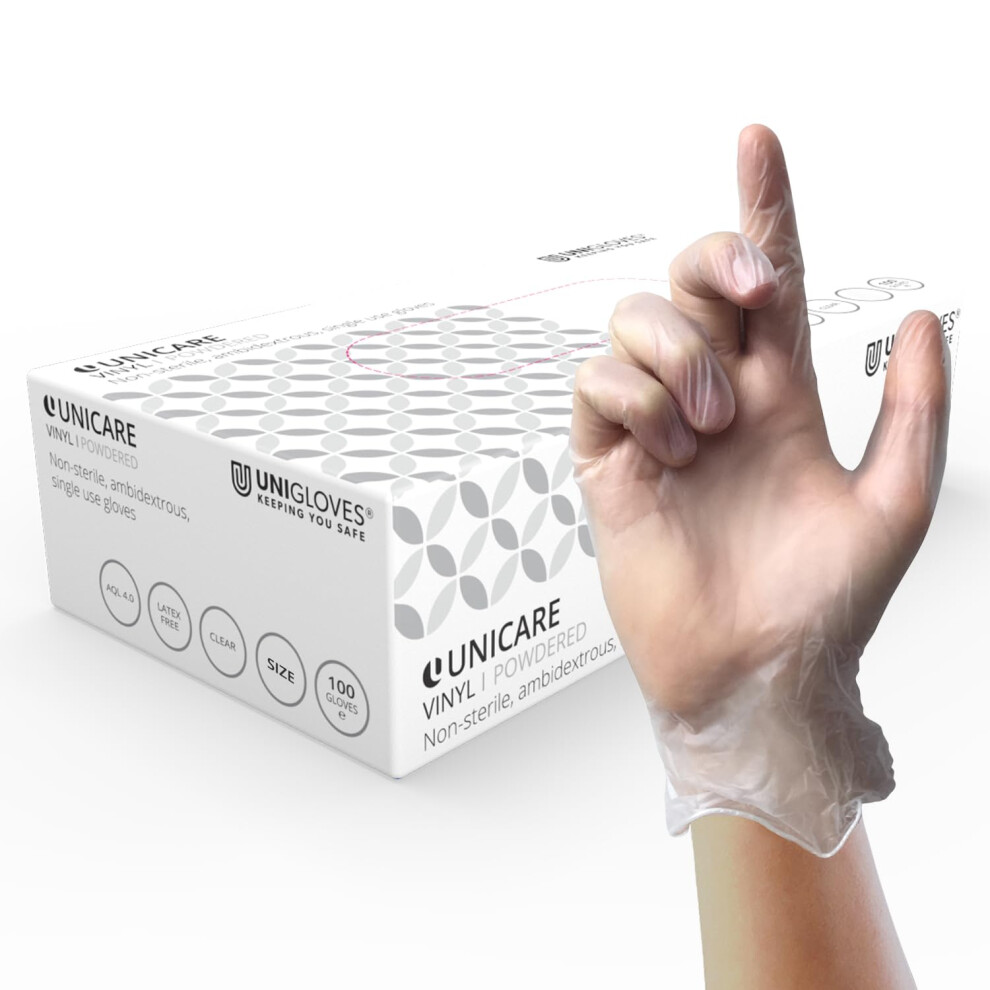 Unigloves Unicare Clear Vinyl Examination Gloves - Multipurpose, Lightly Powdered, Latex Free Disposable Gloves - Box Of 100 Gloves, Clear 5051226946608