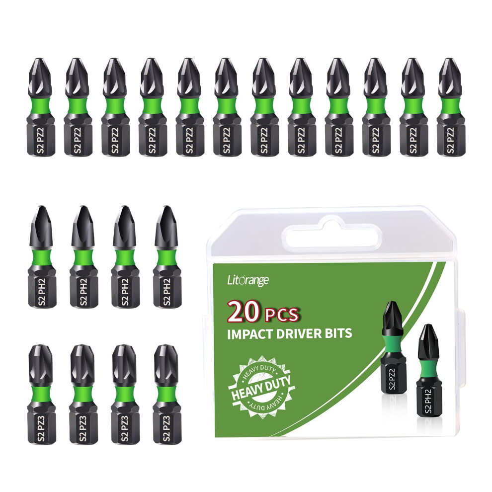 Litorange 20Pcs 25 Mm Pz2 Pz3 Ph2 Impact Driver Bits, S2 Steel Screwdriver Bit Set 5051226953972