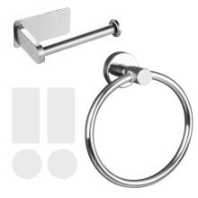 Self Adhesive Toilet Paper Roll Holder and Hand Towel Ring Set for Bathroom - 304 Stainless Steel No Drilling Easy Installation (Silver)