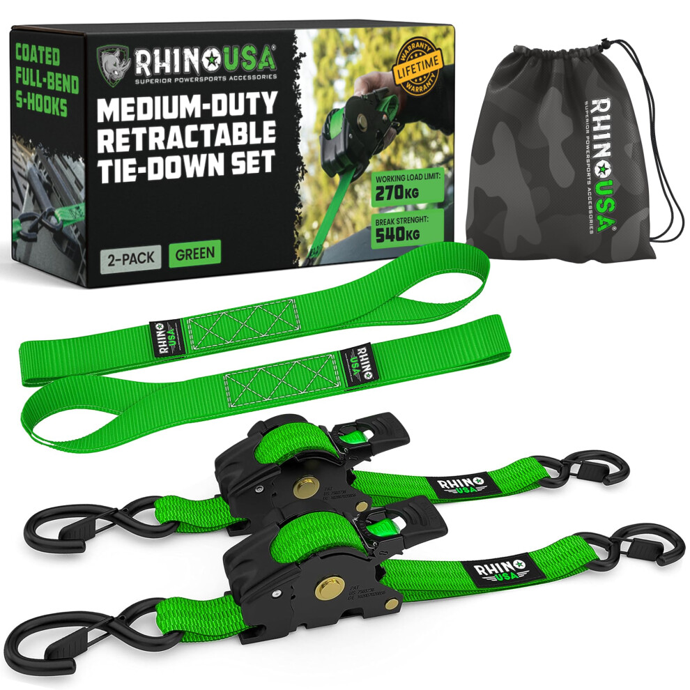 Rhino Usa Retractable Ratchet Straps (2-Pack) - 2.5Cm X 3M (540Kg Break Strength) - Heavy Duty Auto Self-Retracting Tie Down Straps For Truck 5051227929259