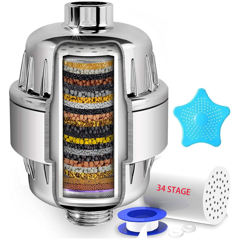 34 Stage Shower Filter With Vitamin C For Hard Water - Water Softener Shower Head Filter With Replaceable Multi-Stage Filter Cartridge To Remove 5051226974670