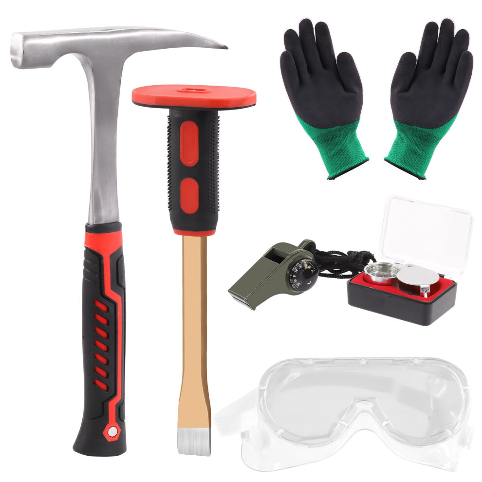 Tanstic 6Pcs Geology Rock Hammer And Chisel Kit, 30Oz Hammer & 12" Digging Chisel, Whistle, Safety Glasses, Jewelers Loupe And Gloves 5051226982125