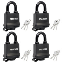 Maudex IP450 Heavy Duty Padlocks 4-Pack with 12 Keys - Outdoor Weatherproof, Tough Steel Shackle, Durable Rubber Ring with PVC Cover for Gate, Shed
