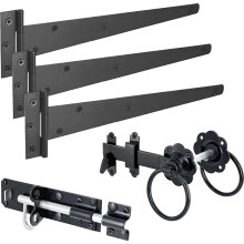 IRONTITE Black Gate Latch Kit with 300mm (12") T Hinges and Brenton Bolt. Garden Gate Kit Includes Garden Gate Hinges for Wooden Gates