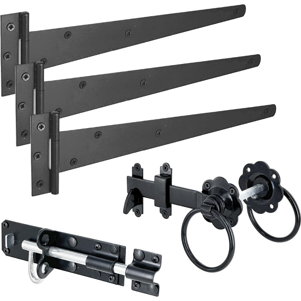 Irontite Black Gate Latch Kit With 300Mm (12") T Hinges And Brenton Bolt. Garden Gate Kit Includes Garden Gate Hinges For Wooden Gates 5051226980916