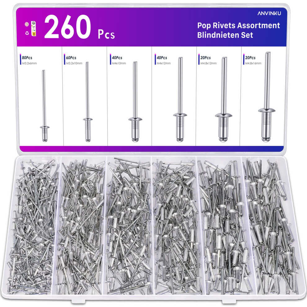 Anvinku 260Pcs Pop Rivets Assortment, Aluminum Blind Rivet Set, M3.2/M4/M4.8 Rivets For Metal, Furniture & Marine Construction 5051226982736