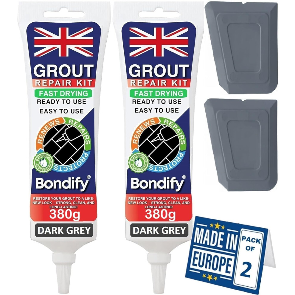 Bondify Waterproof Dark Grey Grout Ready Mixed, Grout Repair Kit, 380G X 2Pcs, Fast Drying, Extra Volume Anti Mould Dark Grey Tile Grout For Shower 5051226980671