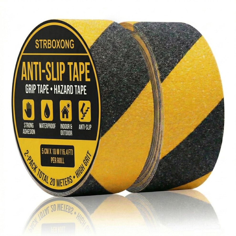 Strboxong 2 Rolls Anti Slip Tape, 50Mm X 10M Black And Yellow Hazard Tape, High Friction Grip Tape For Stairs 5051226981487
