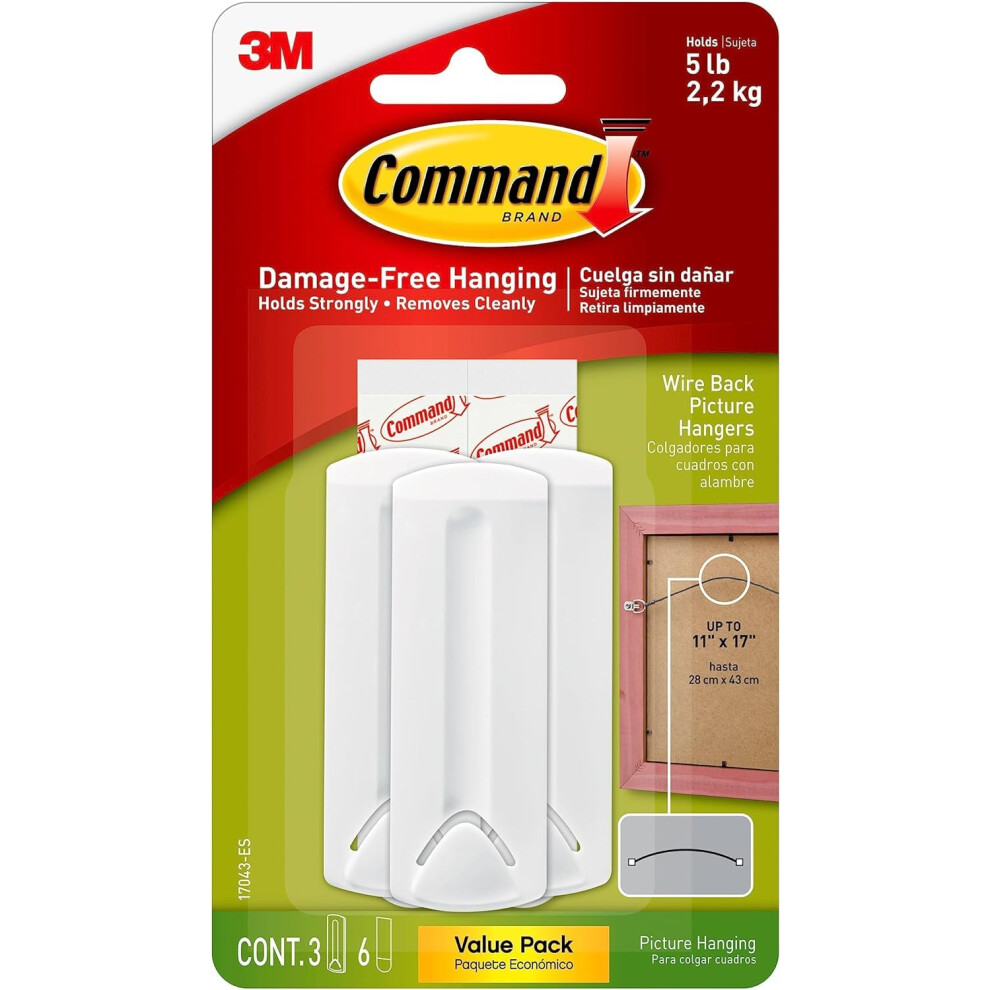 Command Wire-Backed Picture Hanger, Value Pack - 3 Hangers And 6 Adhesive Strips, White - Damage Free Hanging - For Wire-Backed Frames 5051226986598